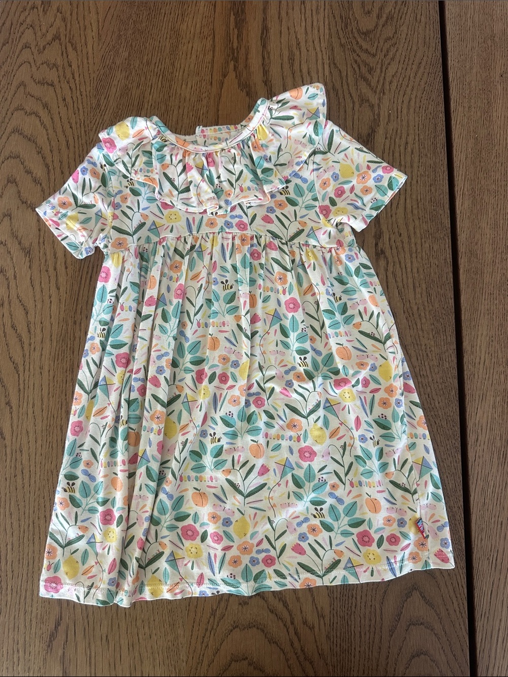 Magnetic me Girls Floral Ruffle Neck Dress - White with Pastel Flowers